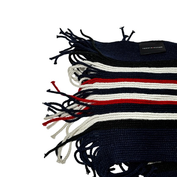 Vintage Tommy Hilfiger Embroidered Scarf Navy Blue With Red & White Stripes - Picture 4 of 6